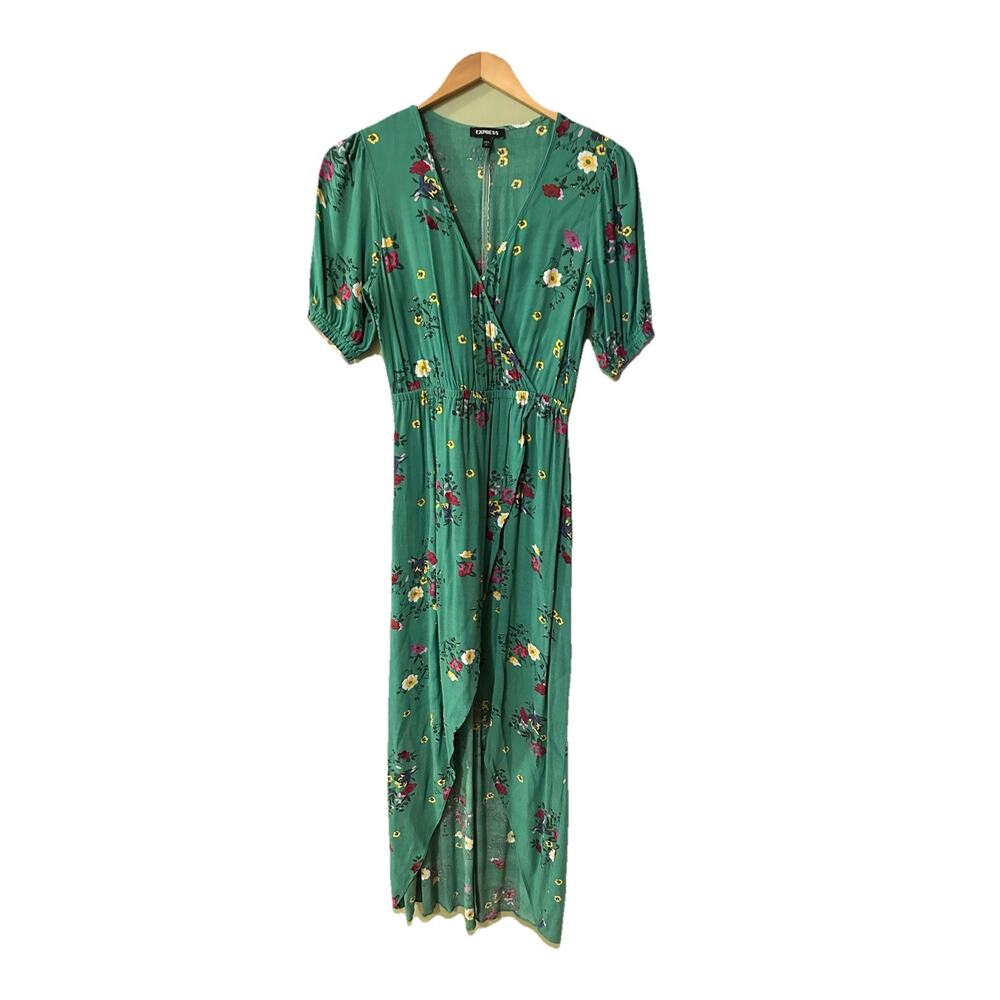 Express Women's Sz Small High Low Floral Sun Dress w/ Cut Out Green Spring Wrap